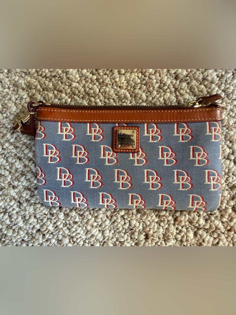 Dooney & Bourke Blue Canvas and Brown Leather Logo Wristlet